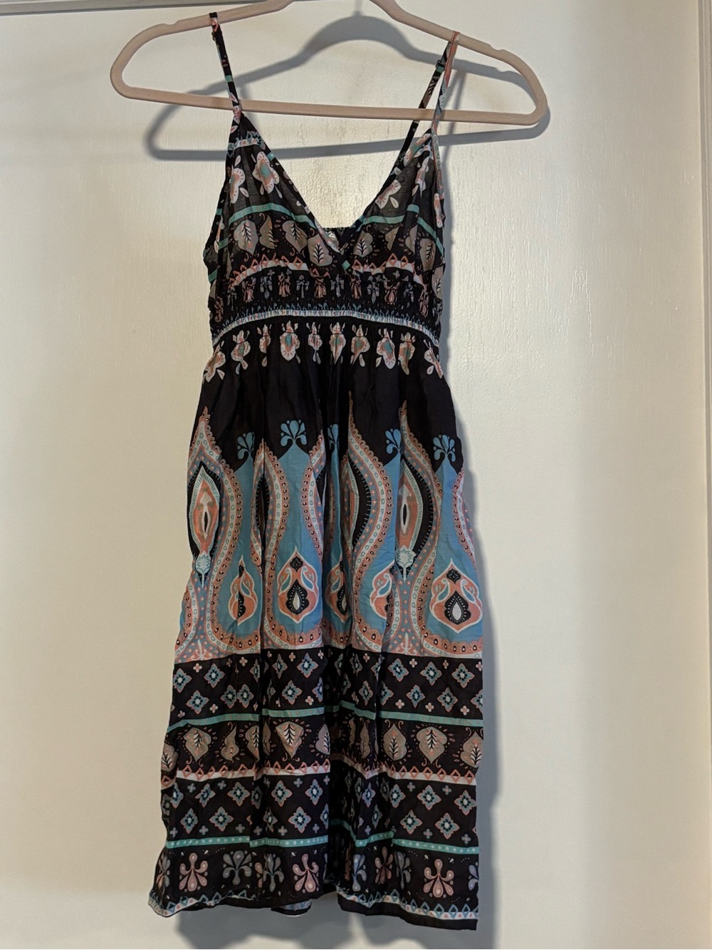 Divided Brown Mini Dress with Aqua and Peach Paisley